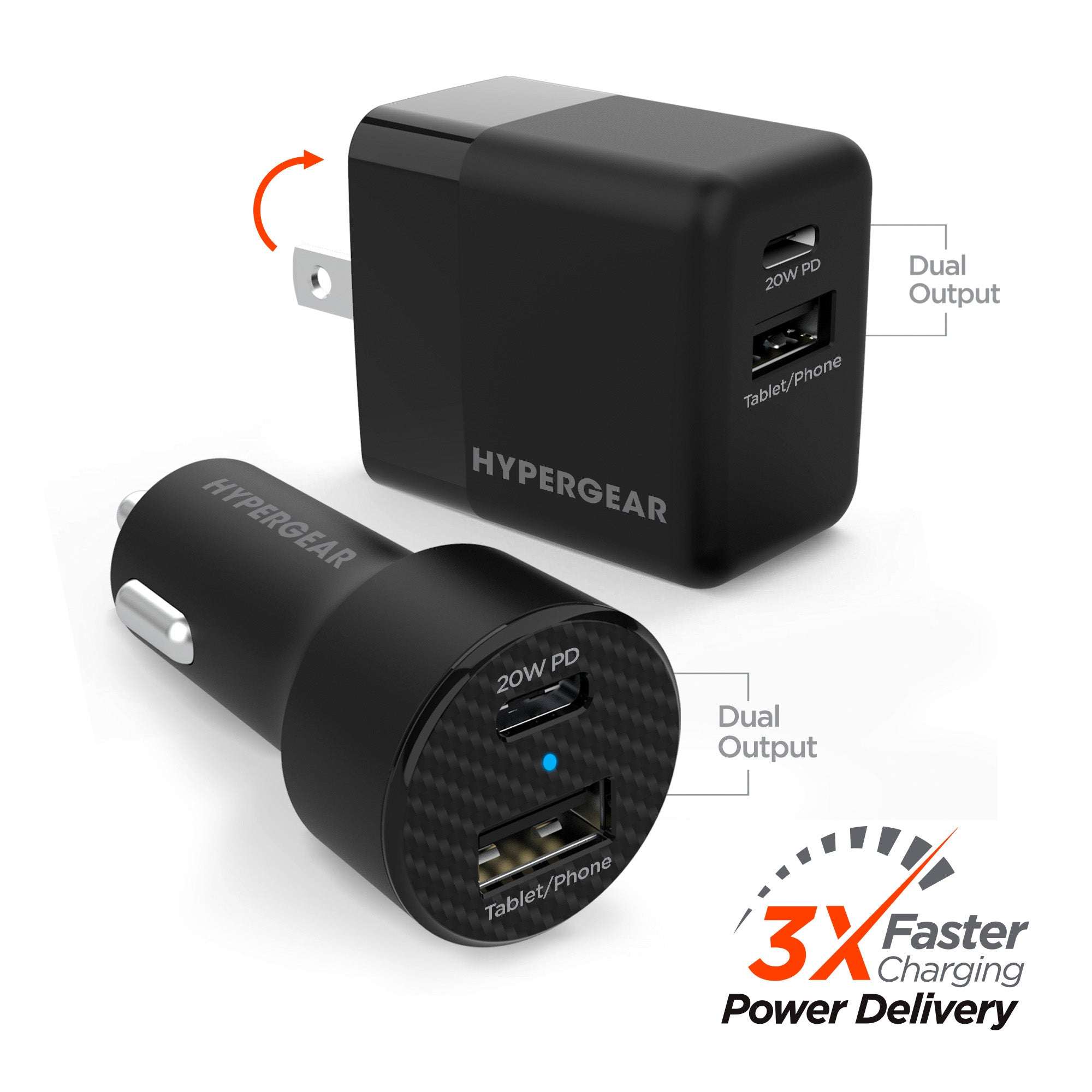 USB-C Power Delivery Bundle | 20W USB-C PD + 12W USB Fast Wall Charger and Fast Car Charger | Black